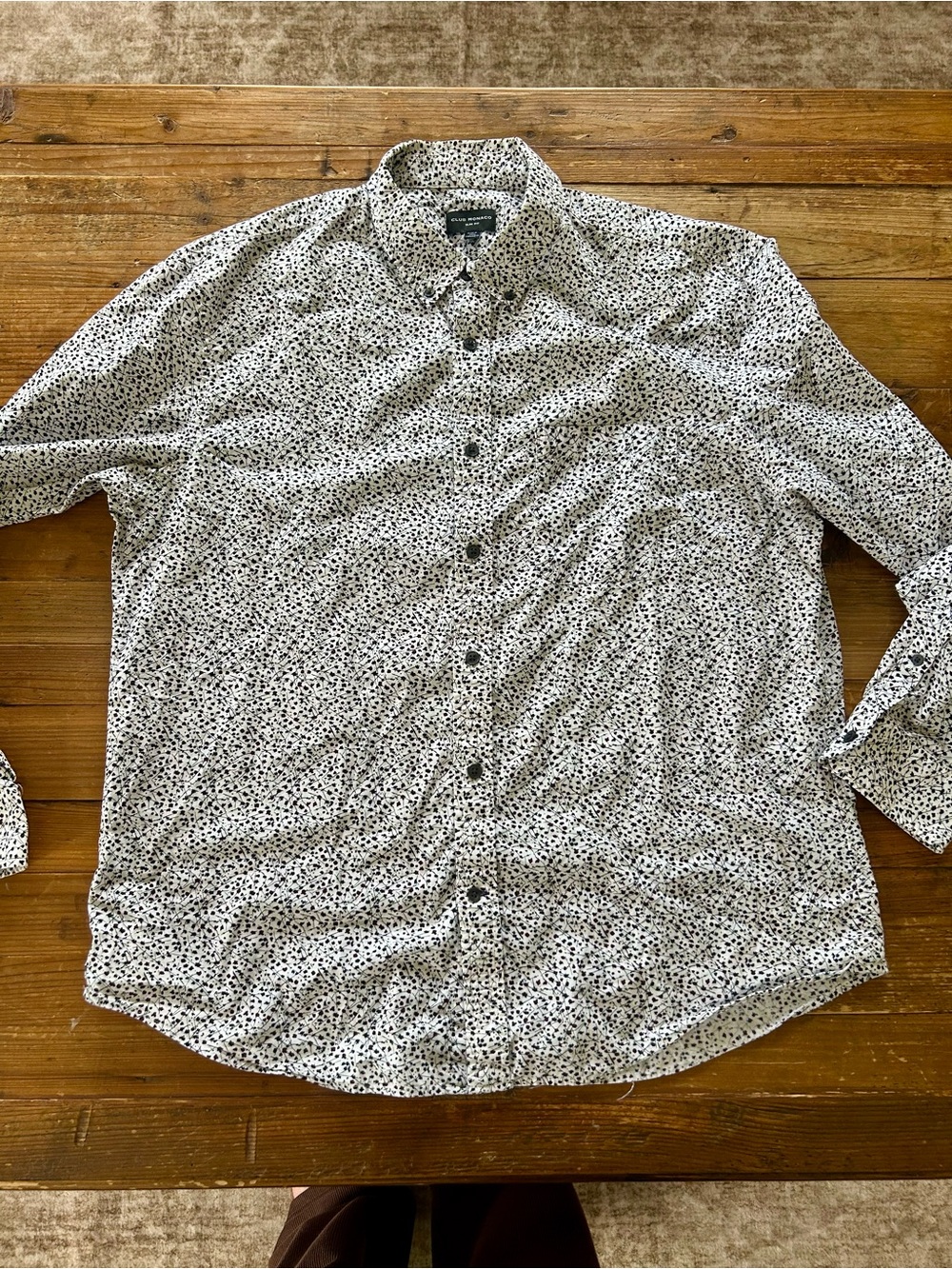 Club Monaco White Button-Down Shirt with Black Micro Dot Print